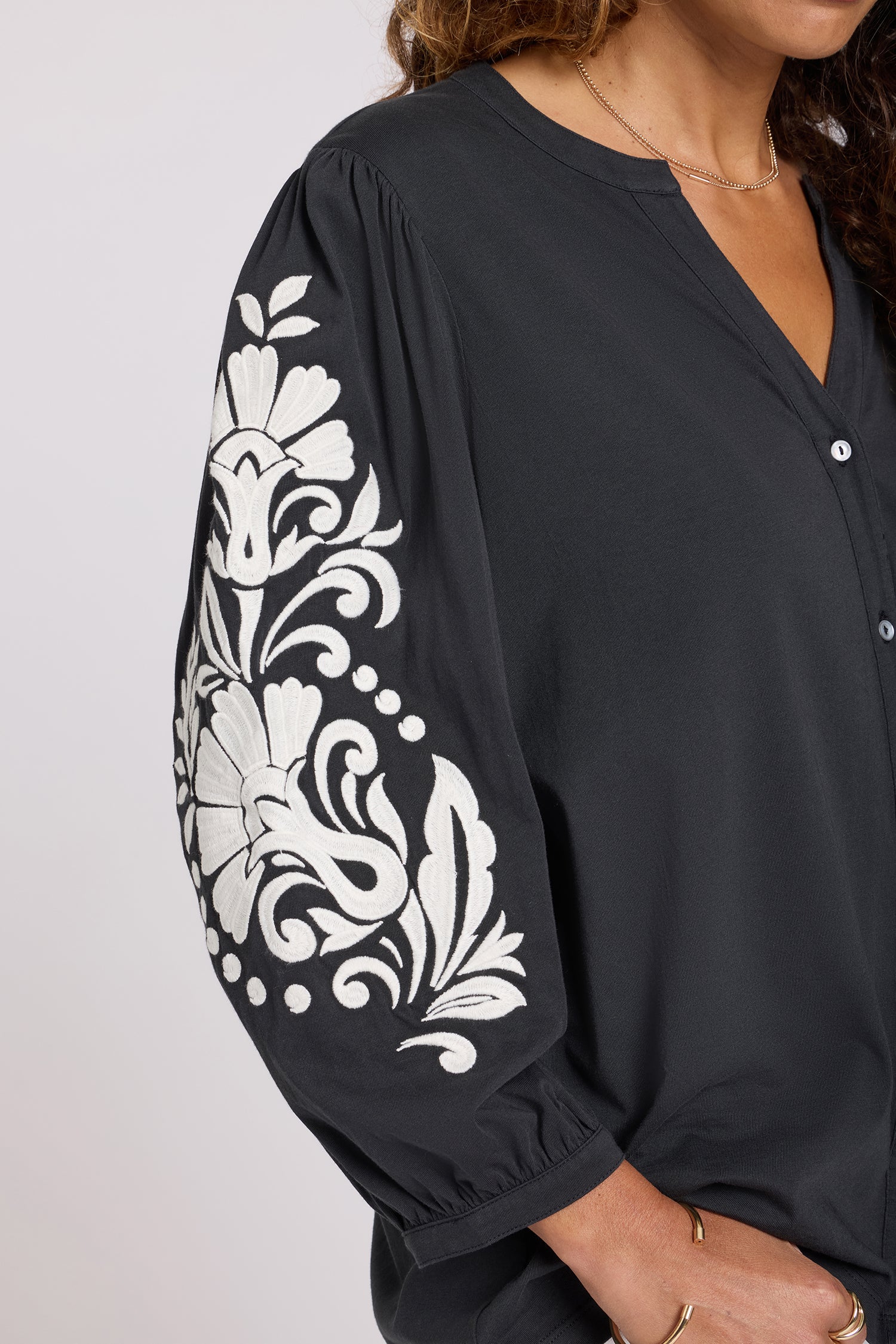 Embroidered Knit Blouse - Black Ivory - Image 3