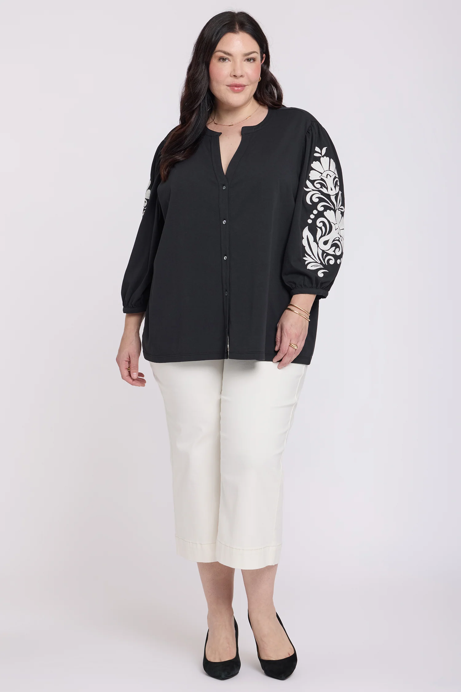 Embroidered Knit Blouse In Plus Size - Black Ivory - Image 5