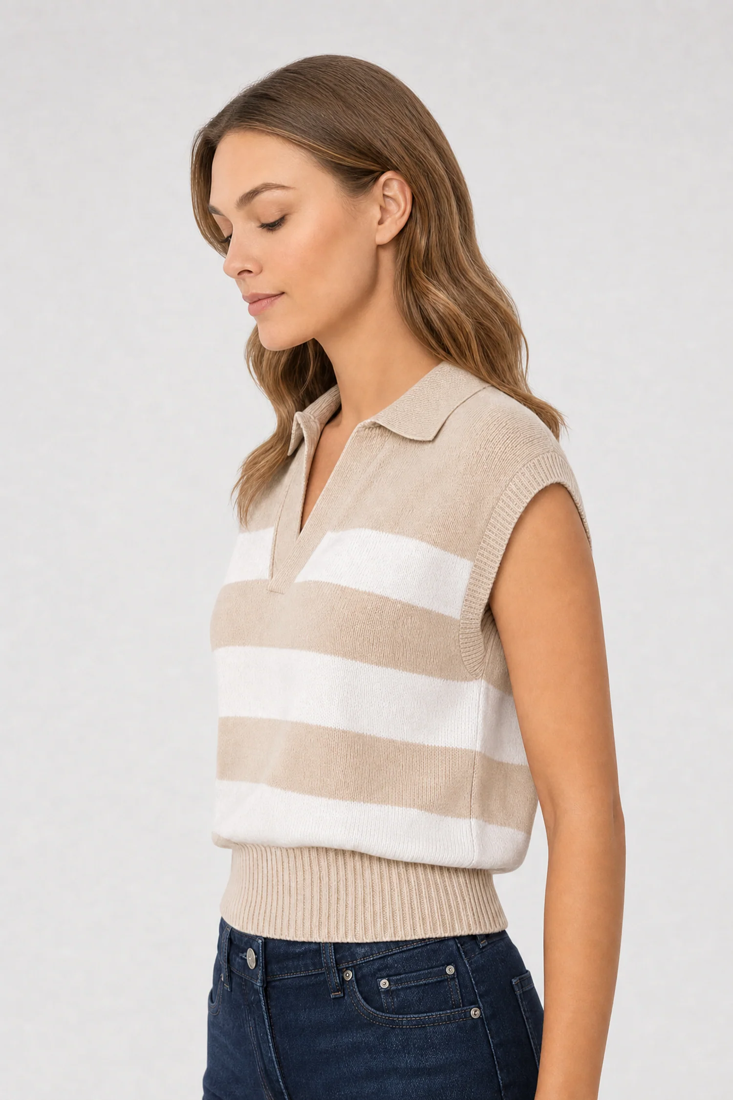 NYDJ X Elan Sleeveless Striped Top - Beige Stripe - Image 3