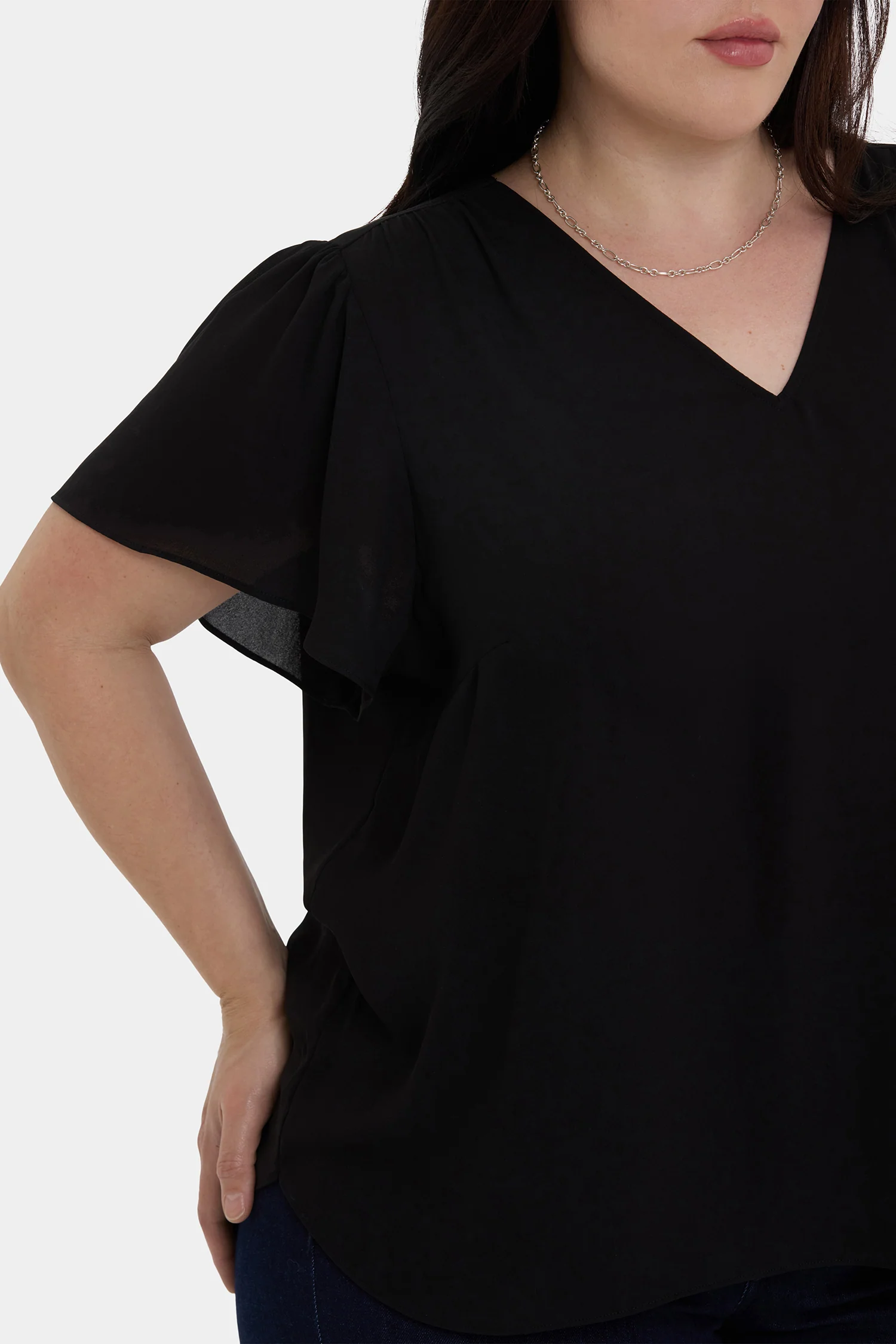 Pleated Flutter Sleeved Blouse In Plus Size - Black - Image 5