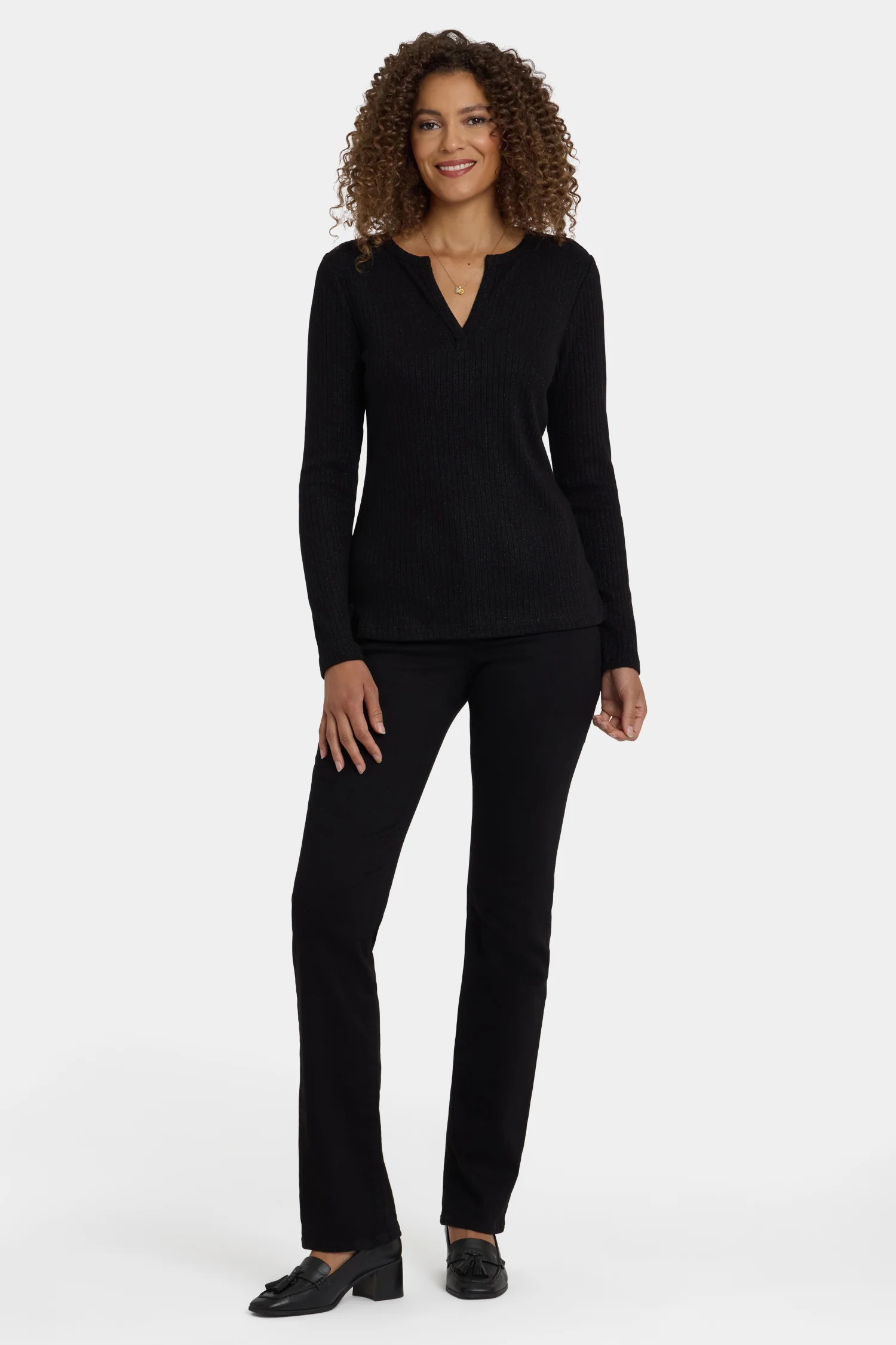 Shimmer Rib Knit Henley Top - Black - Image 5