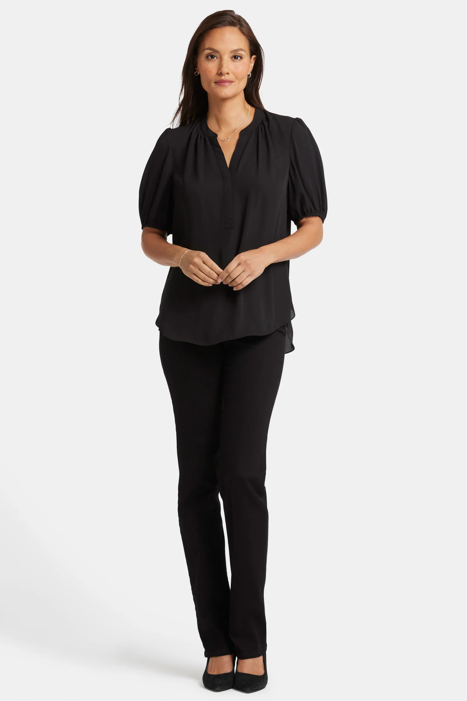 Short Puff Sleeve Popover Top - Black - Image 5