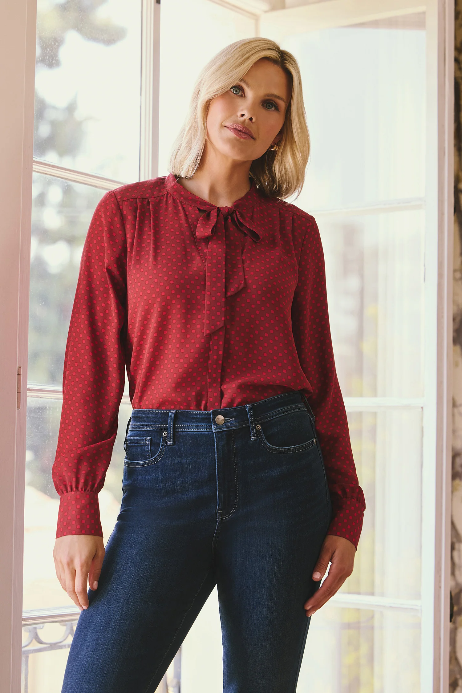 Tie-Neck Blouse - Claret Dots - Image 4